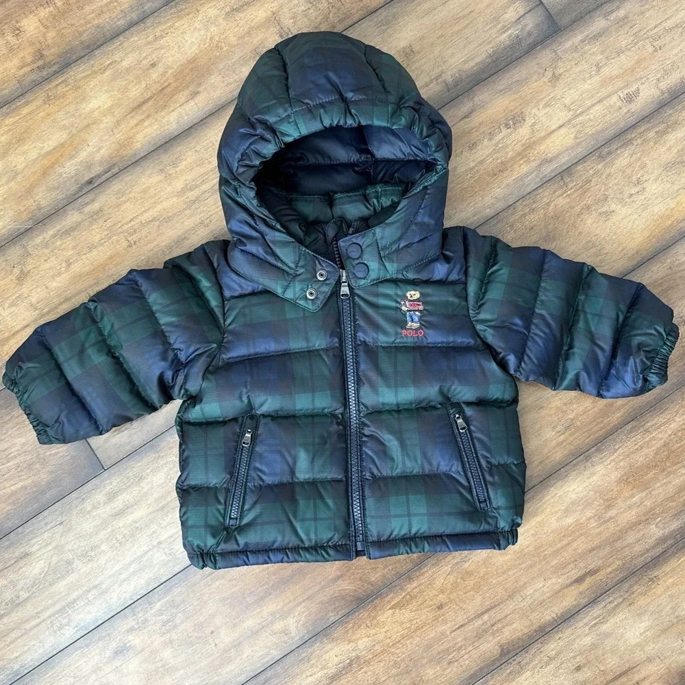 Polo Ralph Lauren Baby Boys Polo Bear Plaid Down Hooded Jacket Size 9 Months 9‎